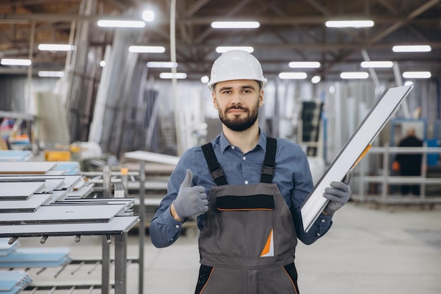 Pracownik fabryczny trzymający profil aluminiowy i pokazujący kciuki