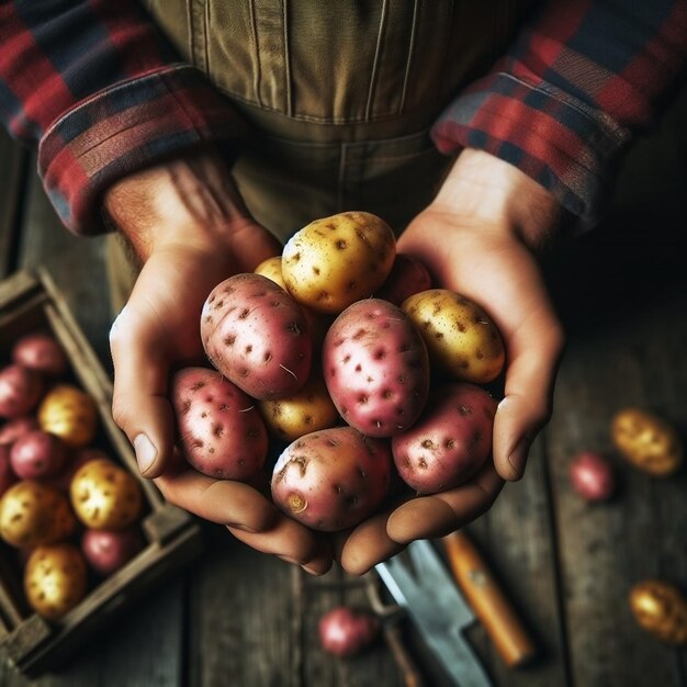 Pracownik gospodarstwa rolnego trzymający ziemniaki w rękach