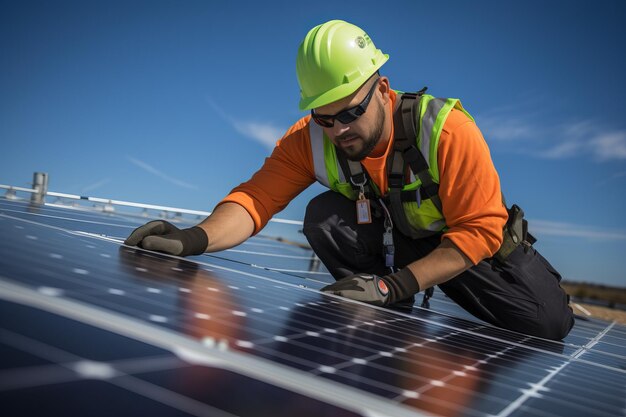 pracownik instalujący panele słoneczne na dachu
