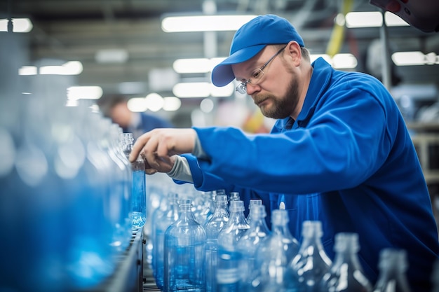 Pracownik kontroli jakości sprawdza plastikowe butelki na taśmie przenośnej