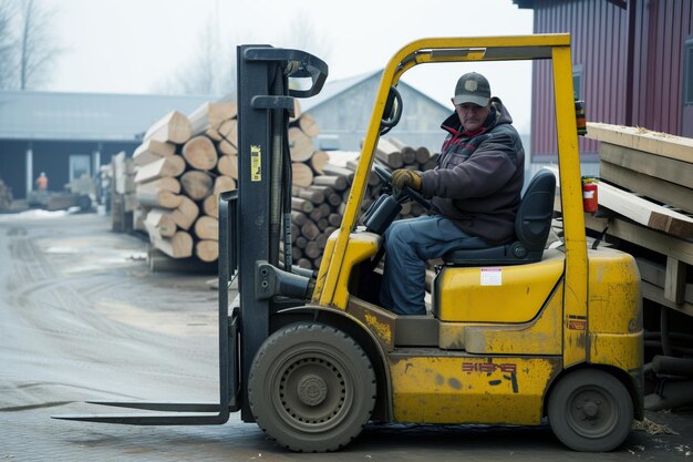 Pracownik korzystający z wózka widłowego do transportu drewna w tartaku