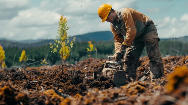 Pracownik leśny używający specjalistycznego sprzętu do sadzenia drzew w nierównym terenie demonstruje wydajne techniki ponownego zalesiania w trudnych krajobrazach