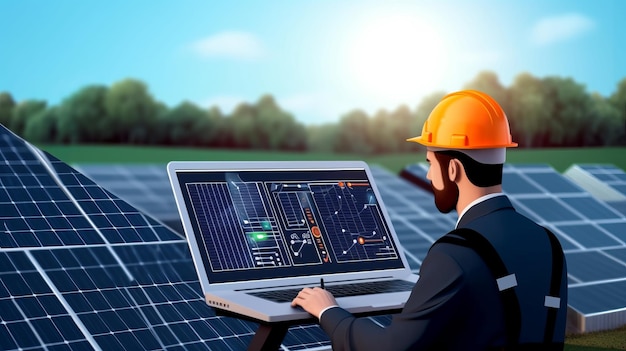 Pracownik lub inżynier zajmujący się energią słoneczną sprawdza na tablecie nową elektrownię słoneczną