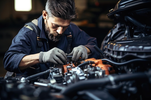 Pracownik mechanika samochodowego w garażu sprawdza i naprawia okno