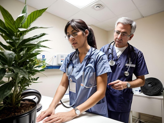 Zdjęcie pracownik medyczny z lekarzem pracującym razem w biurze z ilustracją rośliny doniczkowej