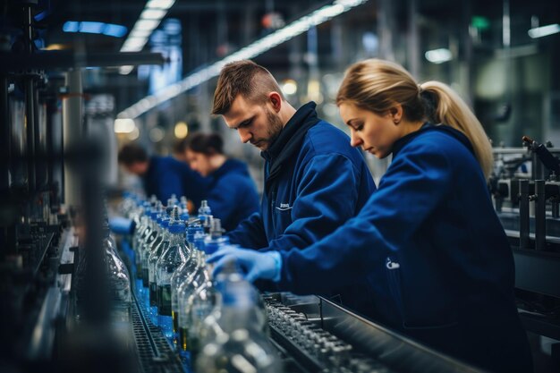 Zdjęcie pracownik mężczyzna i kobieta kontrolują linię produkcyjną browaru