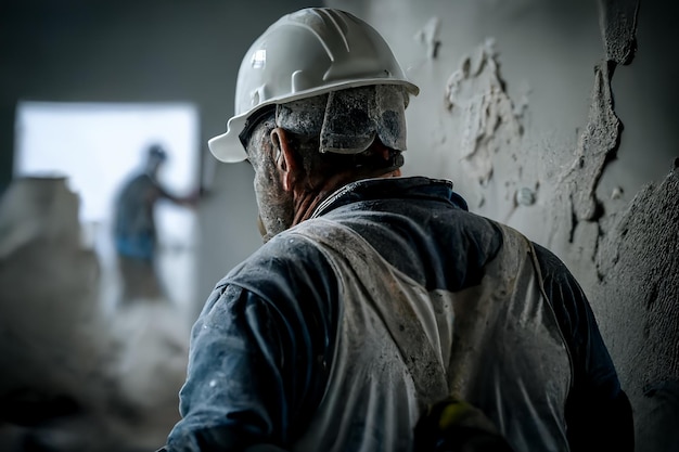 Pracownik, mężczyzna w kasku budowlanym, tynkujący ścianę na placu budowy