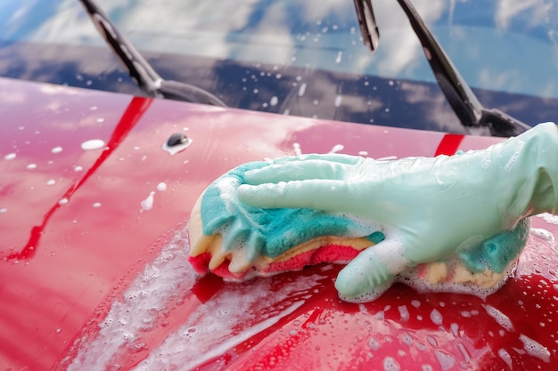 Pracownik myjący czerwony samochód gąbką na myjni samochodowejmężczyzna trzyma rękę z zieloną czerwoną gąbką myjący samochód co
