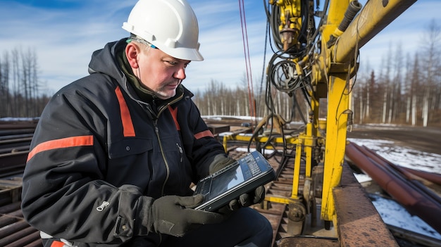Zdjęcie pracownik na stacji pompowej ropy naftowej używający cyfrowego tabletu do zarządzania i monitorowania procesu pompowania