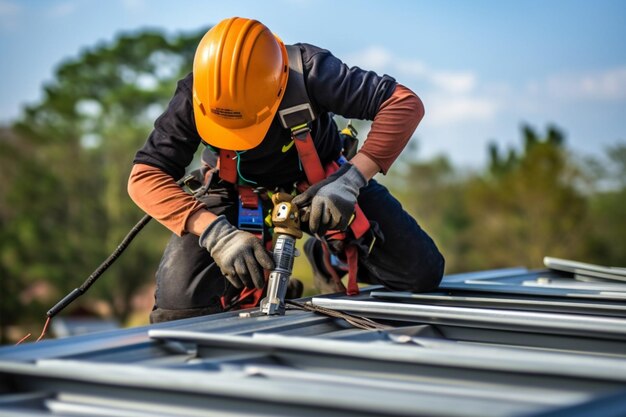 Pracownik naprawiający dach i mężczyzna instalujący lub naprawiający panel słoneczny lub dach w ciągu dnia
