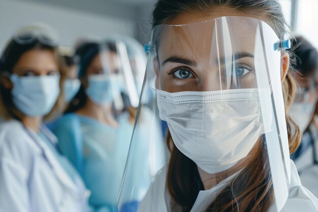 Zdjęcie pracownik opieki zdrowotnej z maską twarzy i osłoną wygenerowaną za pomocą sztucznej inteligencji