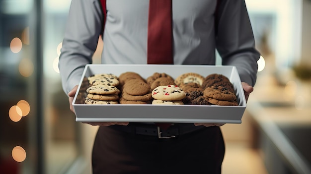 Pracownik płci męskiej dostarczający talerze z ciasteczkami świątecznymi współpracownikom Wygenerowano sztuczną inteligencję