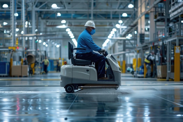 Pracownik prowadzący maszynę do czyszczenia podłogi w fabryce przemysłowej z jasnymi liniami podłogi