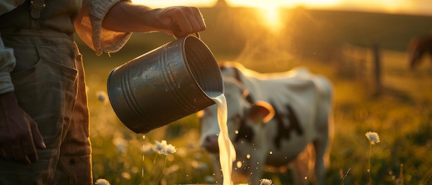 Pracownik rolniczy napełnia puszkę mlekiem o zachodzie słońca z krową w tle