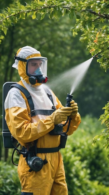 Pracownik rozpyla pestycydy na drzewa na zewnątrz.