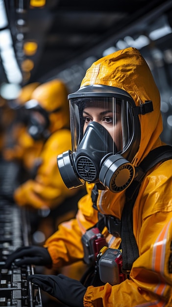 Zdjęcie pracownik sektora chemicznego noszący maski gazowe i sprzęt ochronny