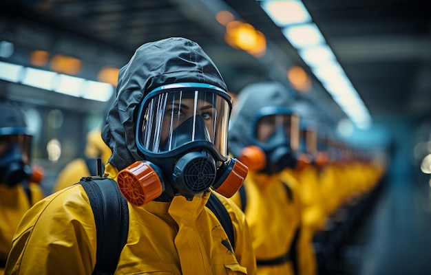Zdjęcie pracownik sektora chemicznego noszący maski gazowe i sprzęt ochronny