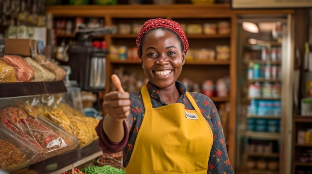 Pracownik sklepu, który jest kobietą i Afrykaninem uśmiecha się i podnosi kciuk.