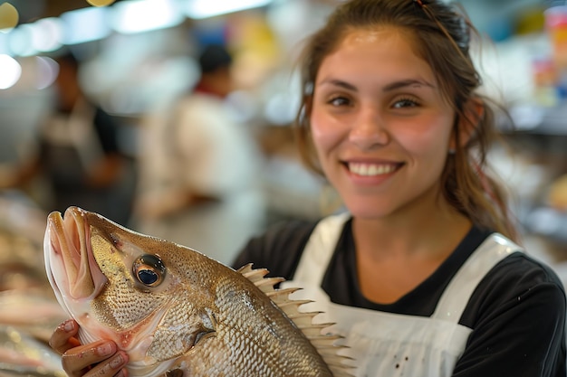 Zdjęcie pracownik sklepu spożywczego kobieta promieniuje na kamerę, niosąc szczęśliwie rybę snapper i przestrzeń generatywna sztuczna inteligencja