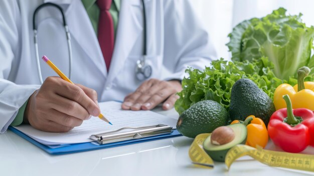 Pracownik służby zdrowia, prawdopodobnie dietetyk lub dietetyk z tabliczką w ręku, piszący notatki przed stołem wypełnionym różnymi świeżymi warzywami