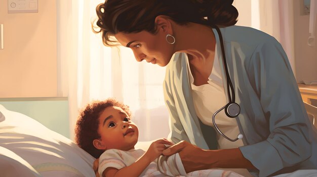 pracownik służby zdrowia z miłym uśmiechem i łagodnymi oczami pocieszający pacjenta dziecka na oddziale pediatrycznym