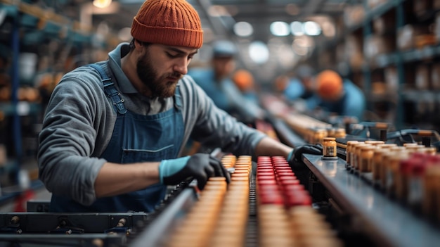 Pracownik sprawdzający jakość produktu na fabrycznej linii montażowej