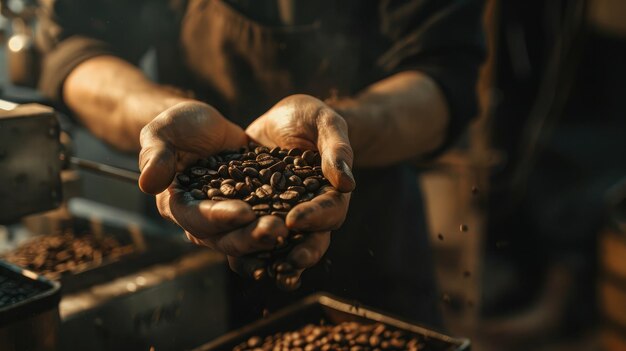 Pracownik trzymający ziarna kawy w rękach sprawdza jakość kawy po jej pieczeniu w maszynie do kawy