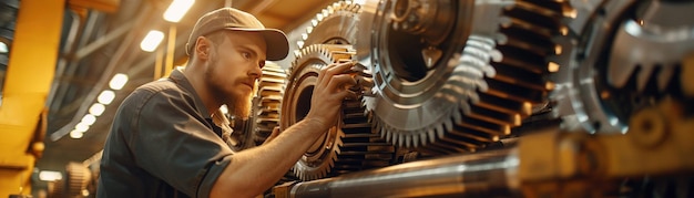 Zdjęcie pracownik w czapce sprawdzający ciężkie urządzenia w środowisku przemysłowym