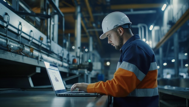 Pracownik w kapeluszu używający laptopa