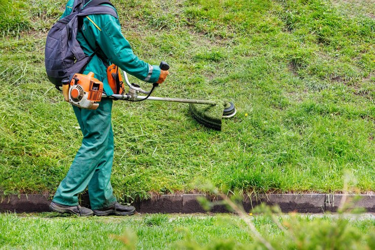 Zdjęcie pracownik w zielonym kombinezonie kosi trawę za pomocą przemysłowej maszyny benzynowej w miejskim parku