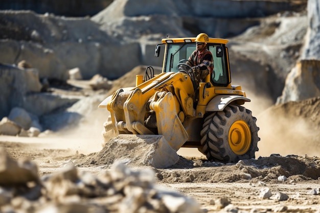 pracownik z buldożerem w kamieniołomie piaskowym