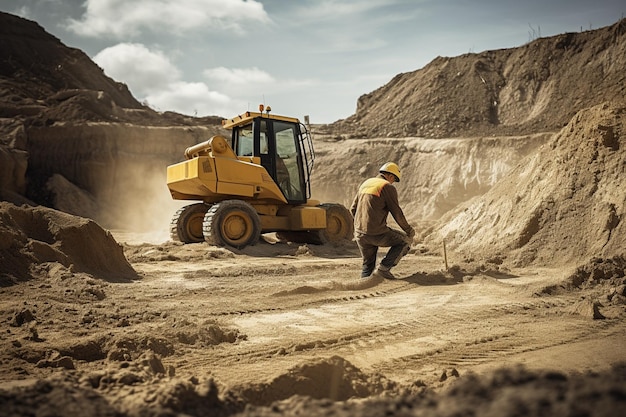 pracownik z buldożerem w kamieniołomie piaskowym