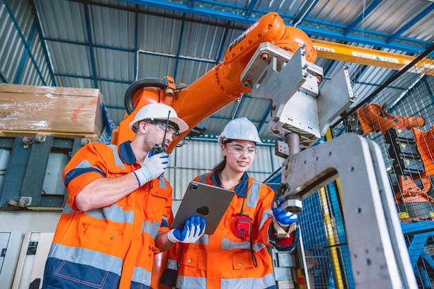 Pracownik zespołu inżyniera pracujący z maszyną do montażu ramienia robota w nowoczesnej fabryce przemysłu metalowego