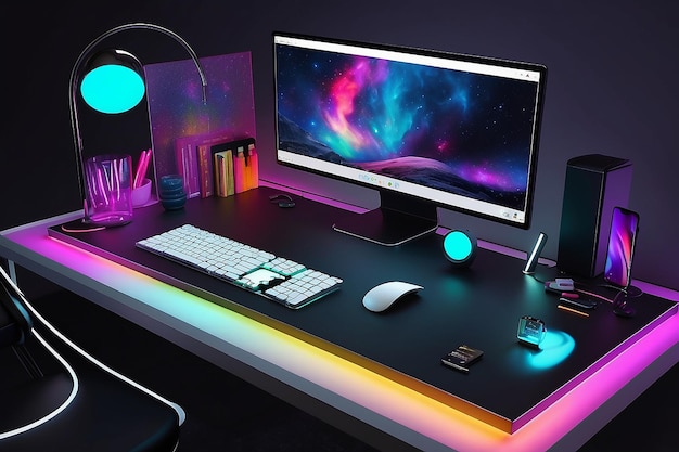 Pracujący biurko otoczone kolorowymi światłami LED