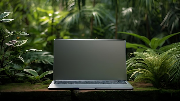 Pracujący w domu laptop ogrodowy otoczony zielonymi roślinami liściastymi doniczkowymi, widok z przodu ekranu