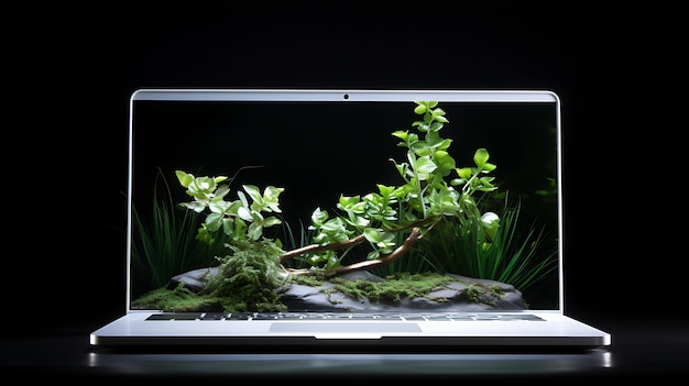 Zdjęcie pracujący w domu laptop ogrodowy otoczony zielonymi roślinami liściastymi doniczkowymi, widok z przodu ekranu
