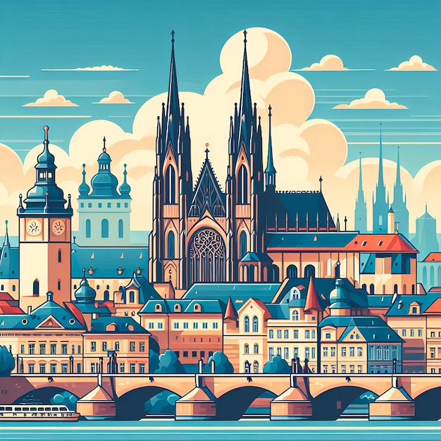 Praga płaska wektor gradientowa panoramę miasta