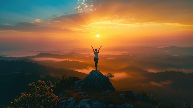 Zdjęcie praktykowanie jogi o wschodzie słońca na górze pokazujące harmonię natury i jaźni w światowy dzień jogi międzynarodowy dzień jogi