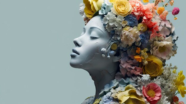 Prawdziwe kwiaty pokrywają rzeźbę w betonowym budynku inspirowana rzeźbą pastelowe akcenty hip-hopowa rzeźba AI Generative