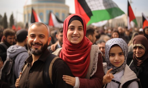 Zdjęcie prawdziwe uśmiechy palestyńska rodzina świętuje razem przed meczetem al-aqsa