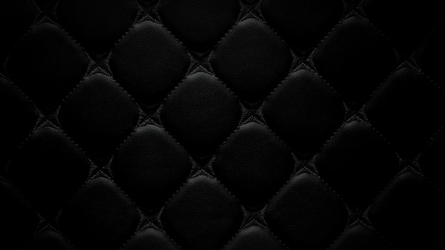 Zdjęcie prawdziwy luksus eleganckiej, kwadratowej sofy samochodowej z czarnym skórzanym wzorem w stylu vintage, poduszki, meble tapicerowane w stylu retro z wzorem nici, czarne skórzane wyściełane tło zbliżenie