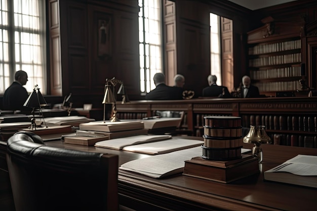 Prawnicy debatujący w sądzie z pasją i książkami prawniczymi w tle generatywnej IA