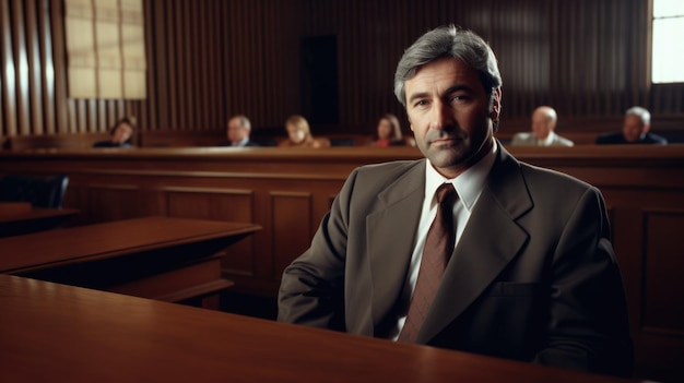 Prawnik Mężczyzna rasy kaukaskiej w średnim wieku Przedstawiający swoją sprawę na sali sądowej w sali sądowej Generative AI AIG22
