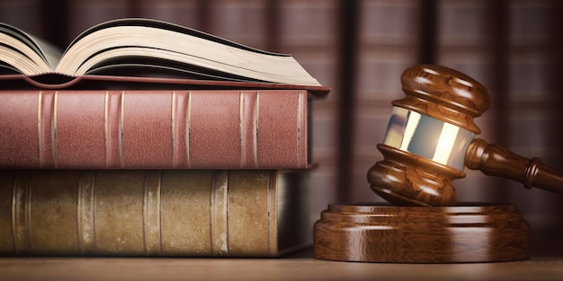 Prawo sprawiedliwości i koncepcja prawna Młotek sędziowski i książki prawnicze
