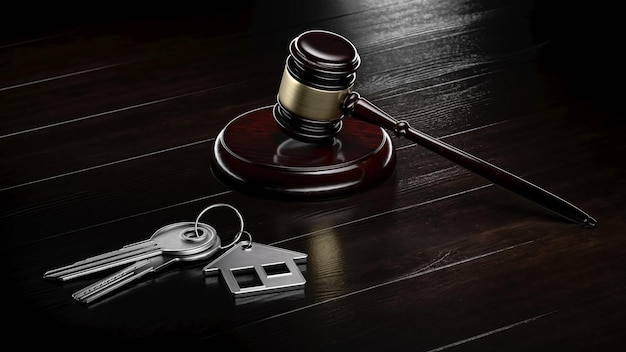 Zdjęcie prawo system prawny sprawiedliwość koncepcja aukcji młotek młotek i klucz na drewnianym stole d renderuje ilustrację