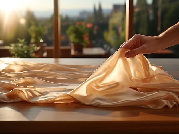 Zdjęcie precyzja w ręcznym składaniu tkaniny na stole zbliżenie wysokiej jakości zdjęcie realistyczne