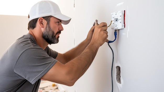 Precyzyjne okablowanie Przełącznik światła ustawienie bezpłytkowa ściana modernizacja elektryczna wykwalifikowani rzemieślnicy współczesna instalacja udoskonalenia domu instalacja urządzeń elektrycznych generowana przez AI