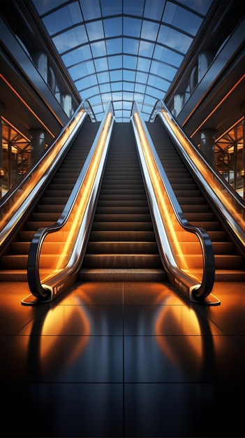 Precyzyjne ujęcie Szczegółowe ujęcie przedstawia schody ruchome we współczesnym budynku lub na stacji metra w pionie