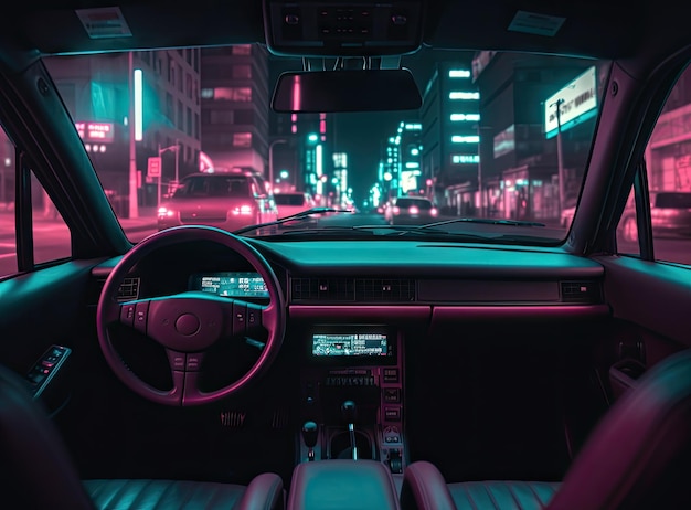 Prędkość jazdy samochodem na drodze w nocnym mieście Retro fala neonów noir tonowanie kolorów