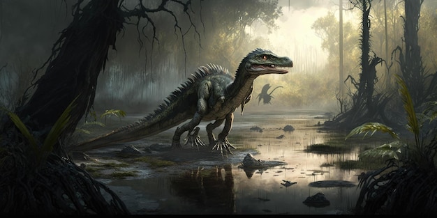 Prehistoryczne stworzenie lub dinozaur w dzikiej przyrodzie Rysowanie w stylu realistycznym